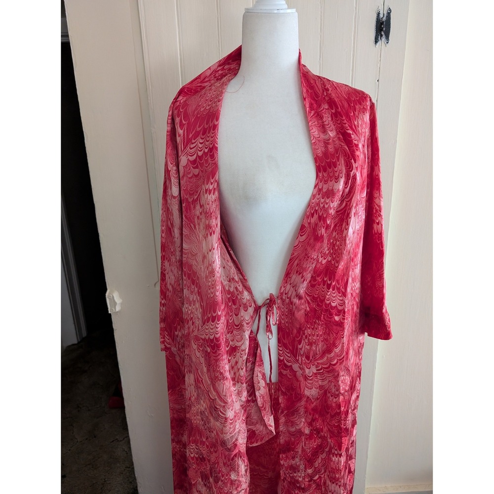 August Silk Intimates Red Pink Marbled Feather 100% Silk Long Robe Kimono Large - Picture 5 of 7